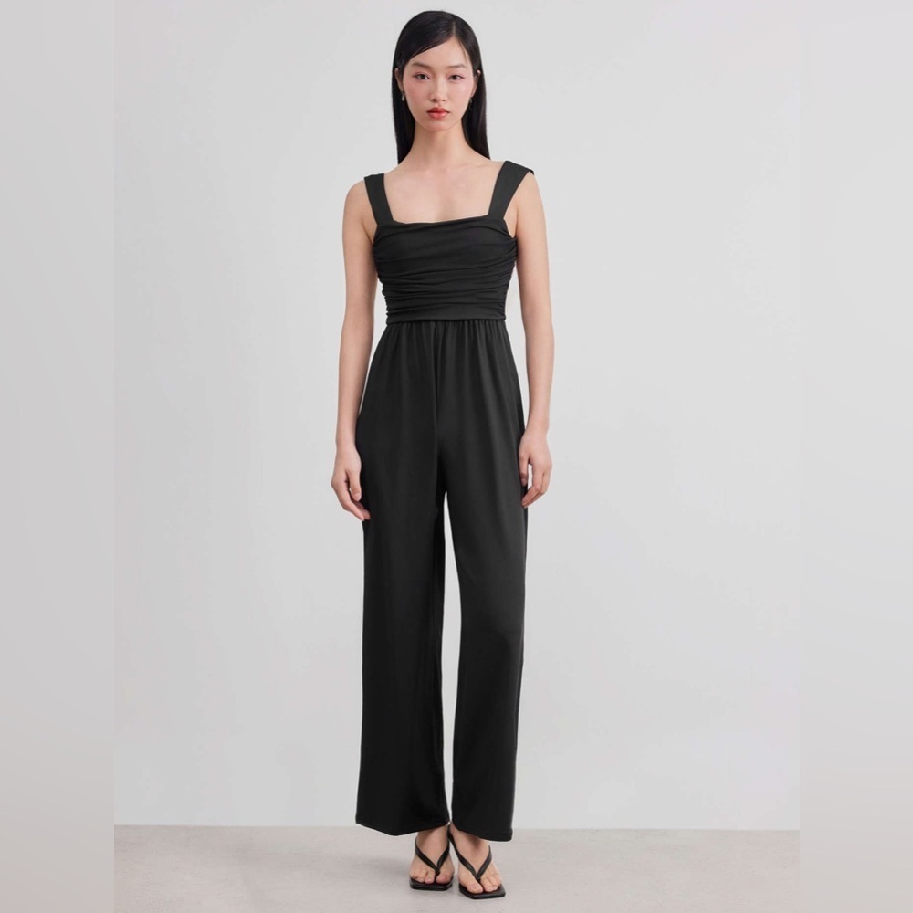 Cider Black Square Neck Ruched Gold Bow Wide Leg Jumpsuit Size L